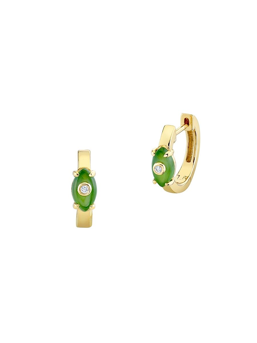 Women's 14K Gold & DIamond Carved Stone Evil Eye Huggie Hoops - Agate