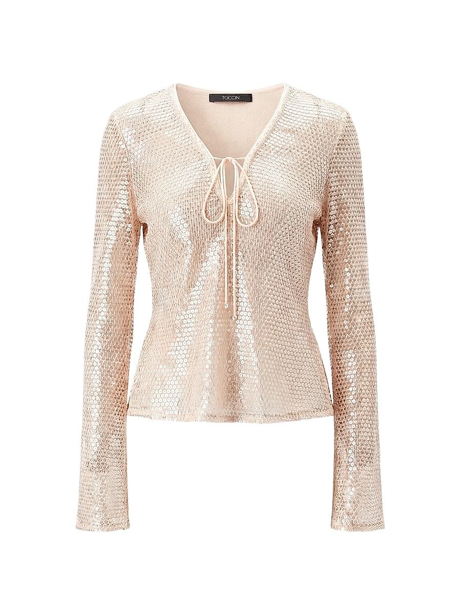 Women's Zuri Sequin Flare Sleeve Top - Sand Dune - Size 12