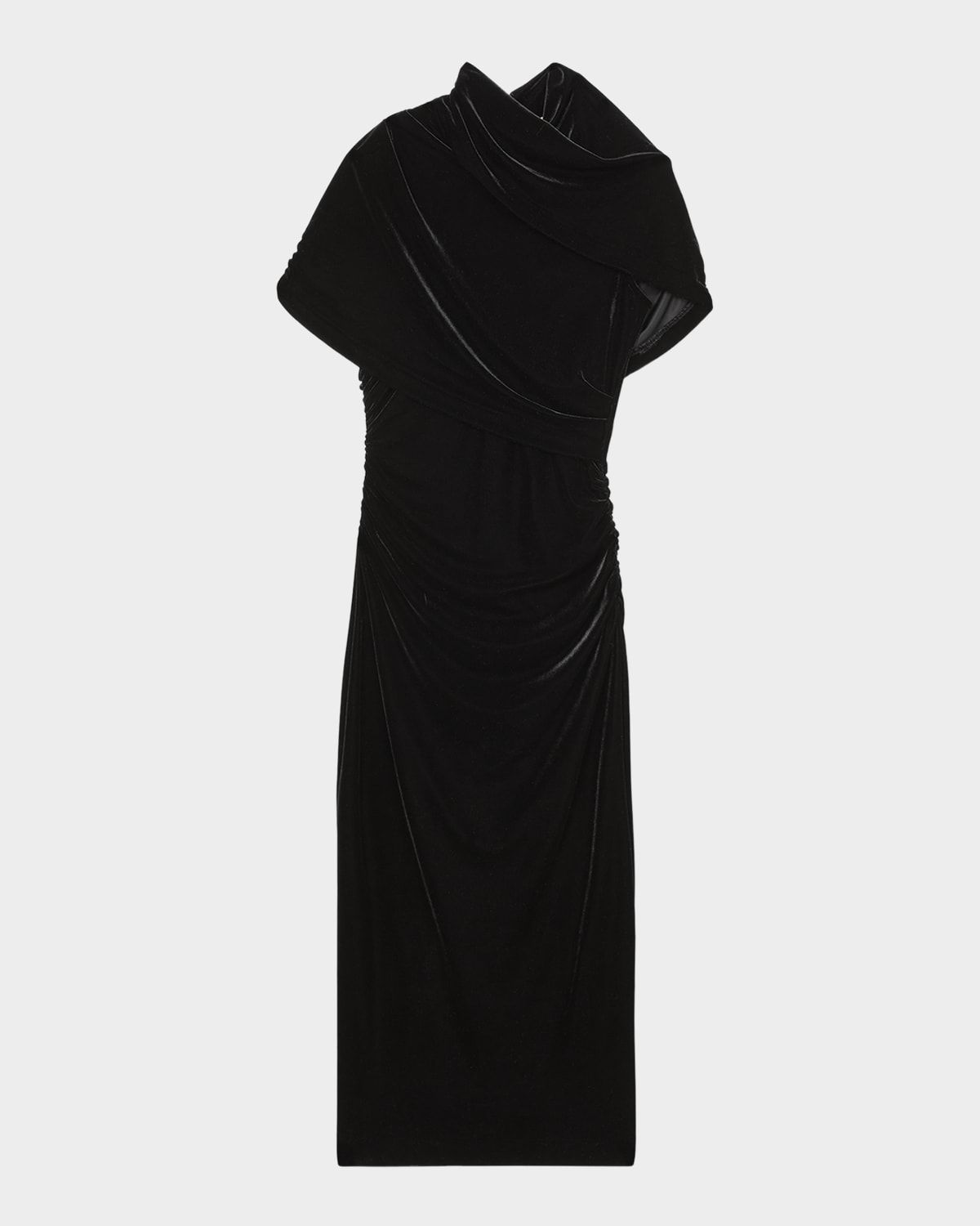 Asymmetric Draped-Neck Ruched Midi Dress