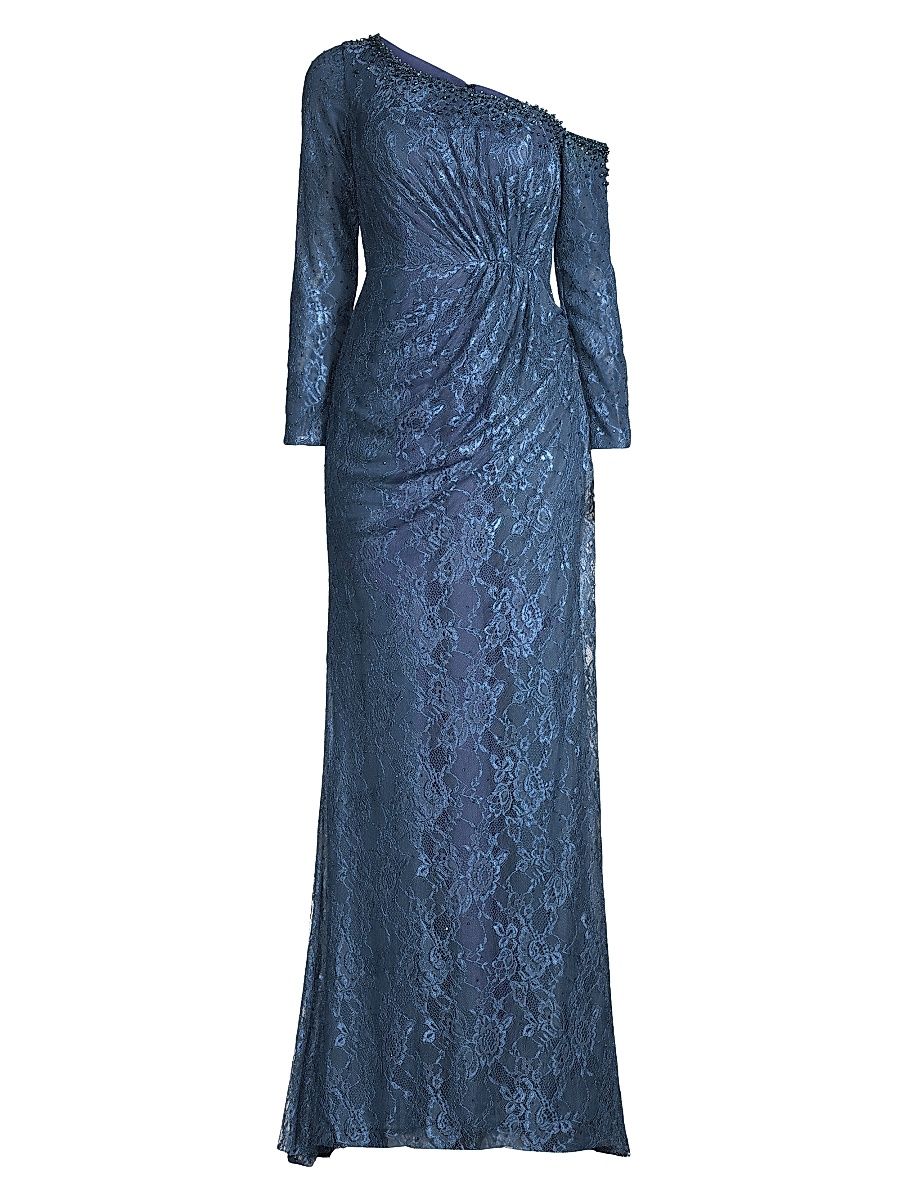 Women's Asymmetric Embellished Lace Sleeve Gown - Navy - Size 0