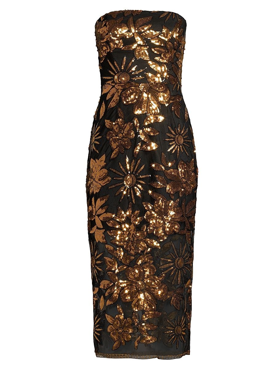 Women's Kait Sequined Strapless Midi-Dress - Gold Multi - Size 8
