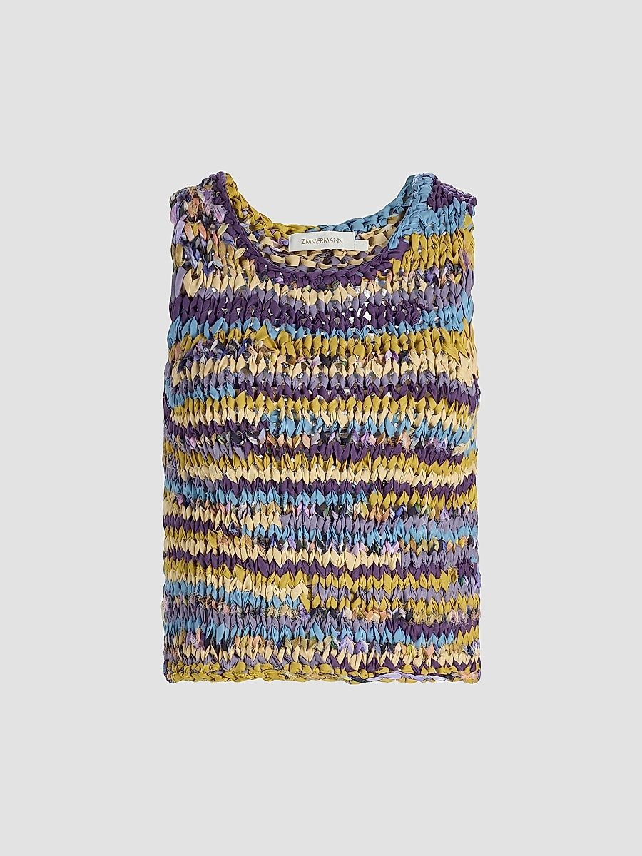 Zimmermann Women's Luna Striped Ribbon-Knit Cotton Tank - Multi Stripe - Size 6