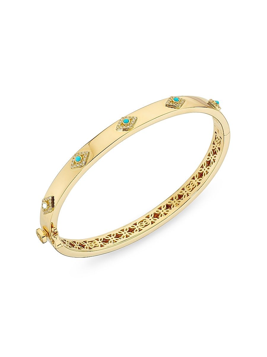 Women's Evil Eye 14K Yellow Gold, Turquoise & 0.19 TCW Diamond Hinged Bangle - Yellow Gold