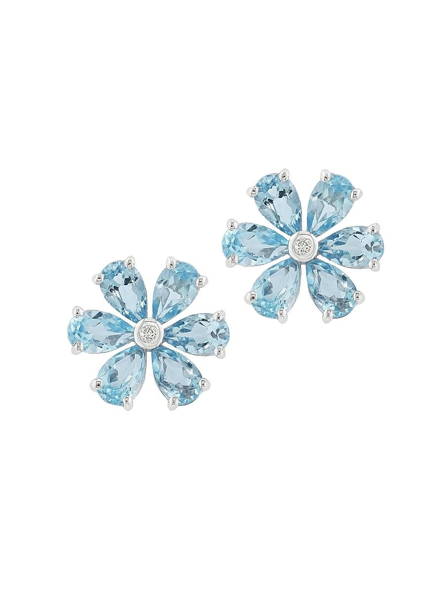 Women's 14K White Gold, Aquamarine & 0.01 TCW Diamond Flower Stud Earrings - Aquamarine