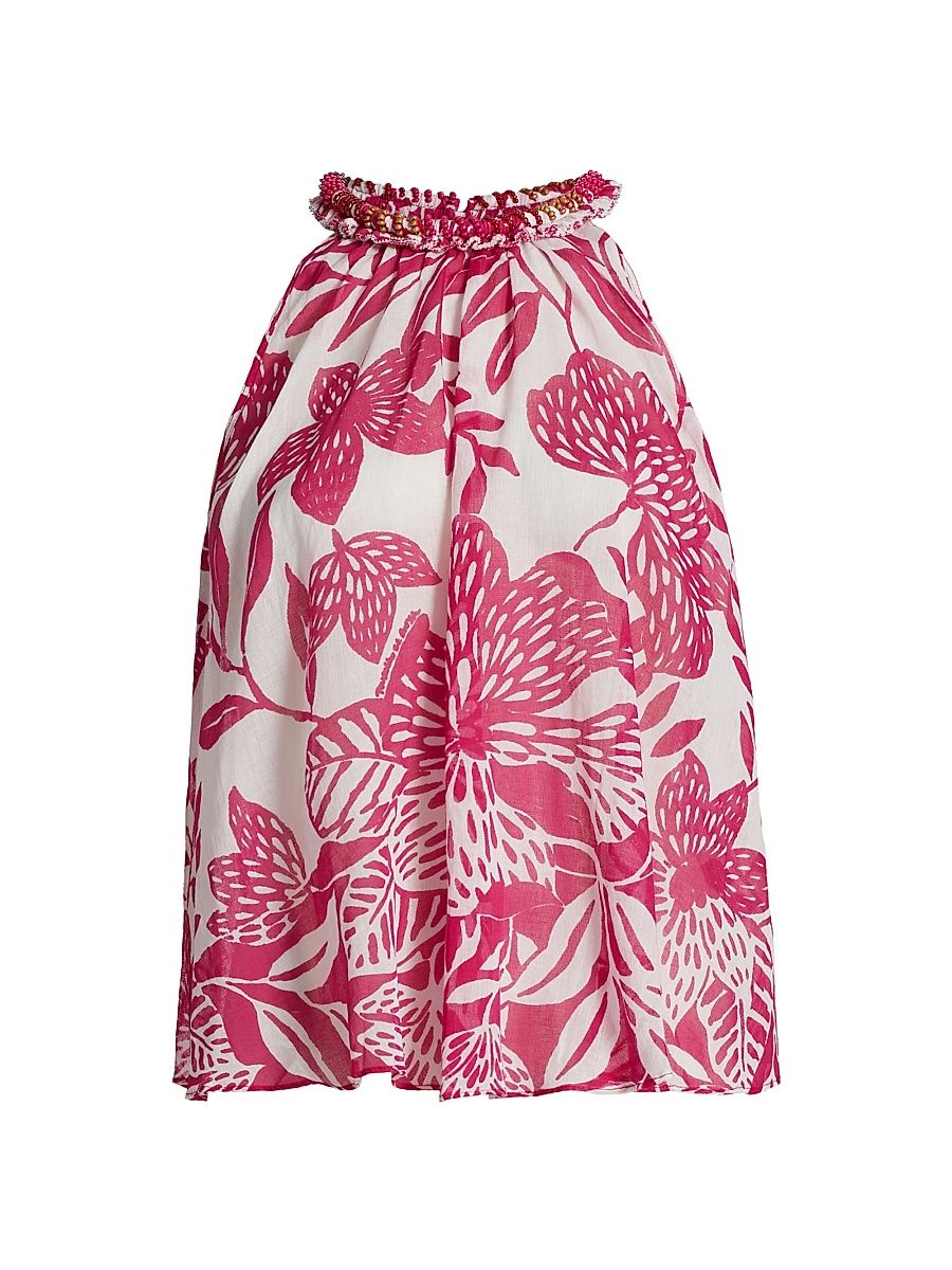 Women's Cleo Embellished Floral Cotton Top - White Pink Macro Stelis - Size Small