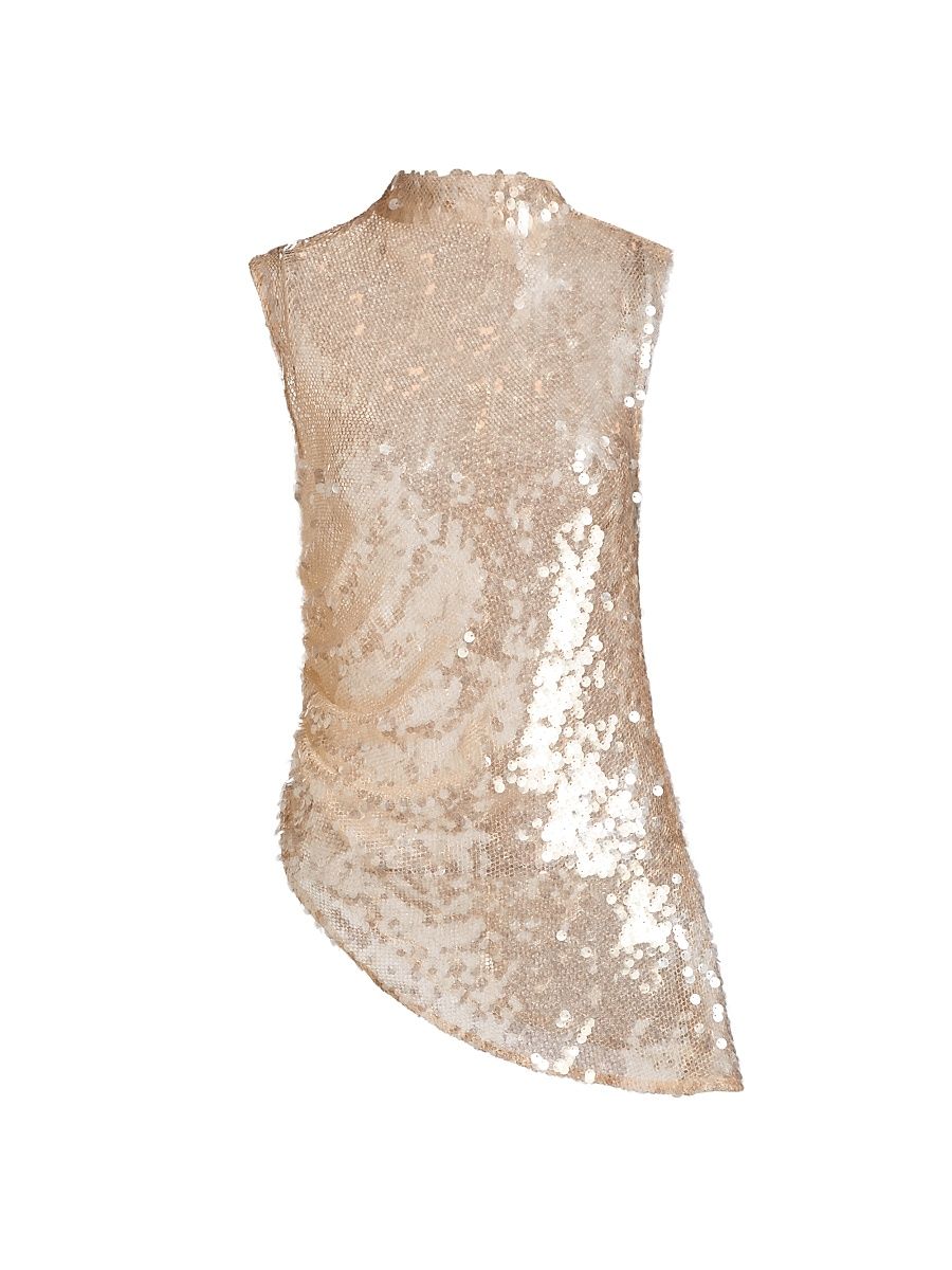Women's Sequined Mock Turtleneck Asymmetric Top - Ecru - Size 12
