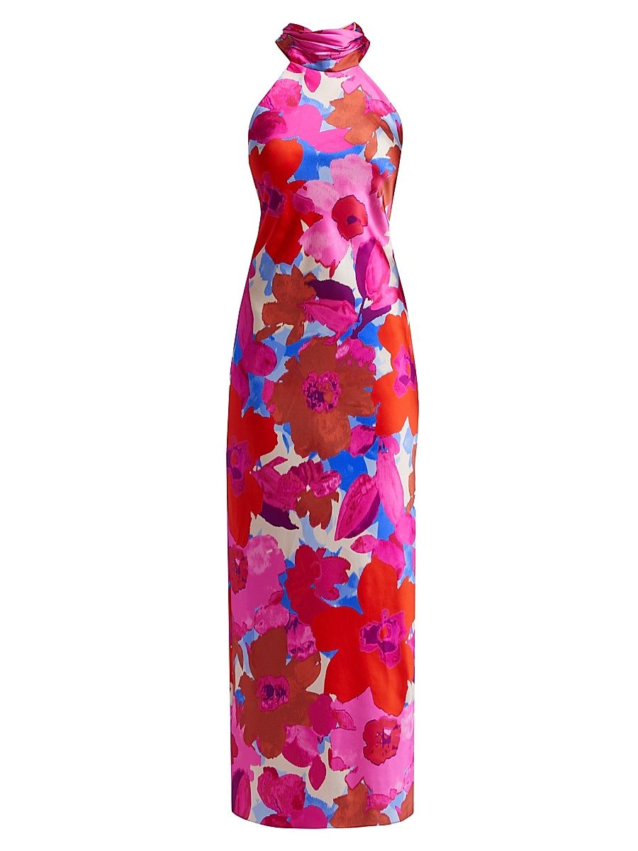 Women's Tatiana Floral Stretch Silk Halter Gown - Rosa Pink Multi - Size 8