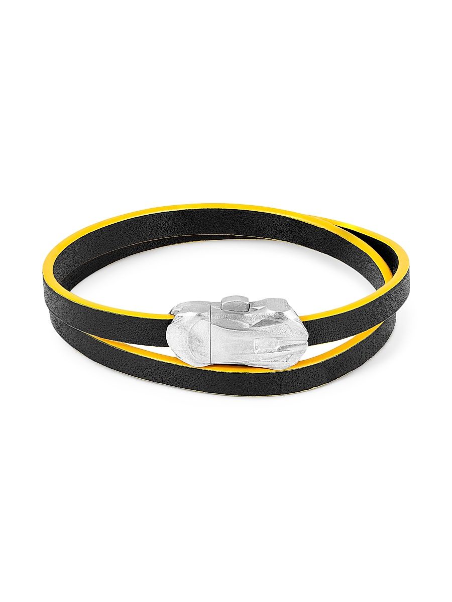 Men's Tateossian x Lamborghini Sterling Silver & Leather Double Wrap Bracelet - Black Yellow - Size Large