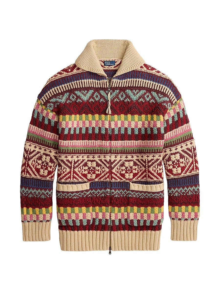 Women's Geometric Cotton-Wool Cardigan - Brick Multi - Size XXL