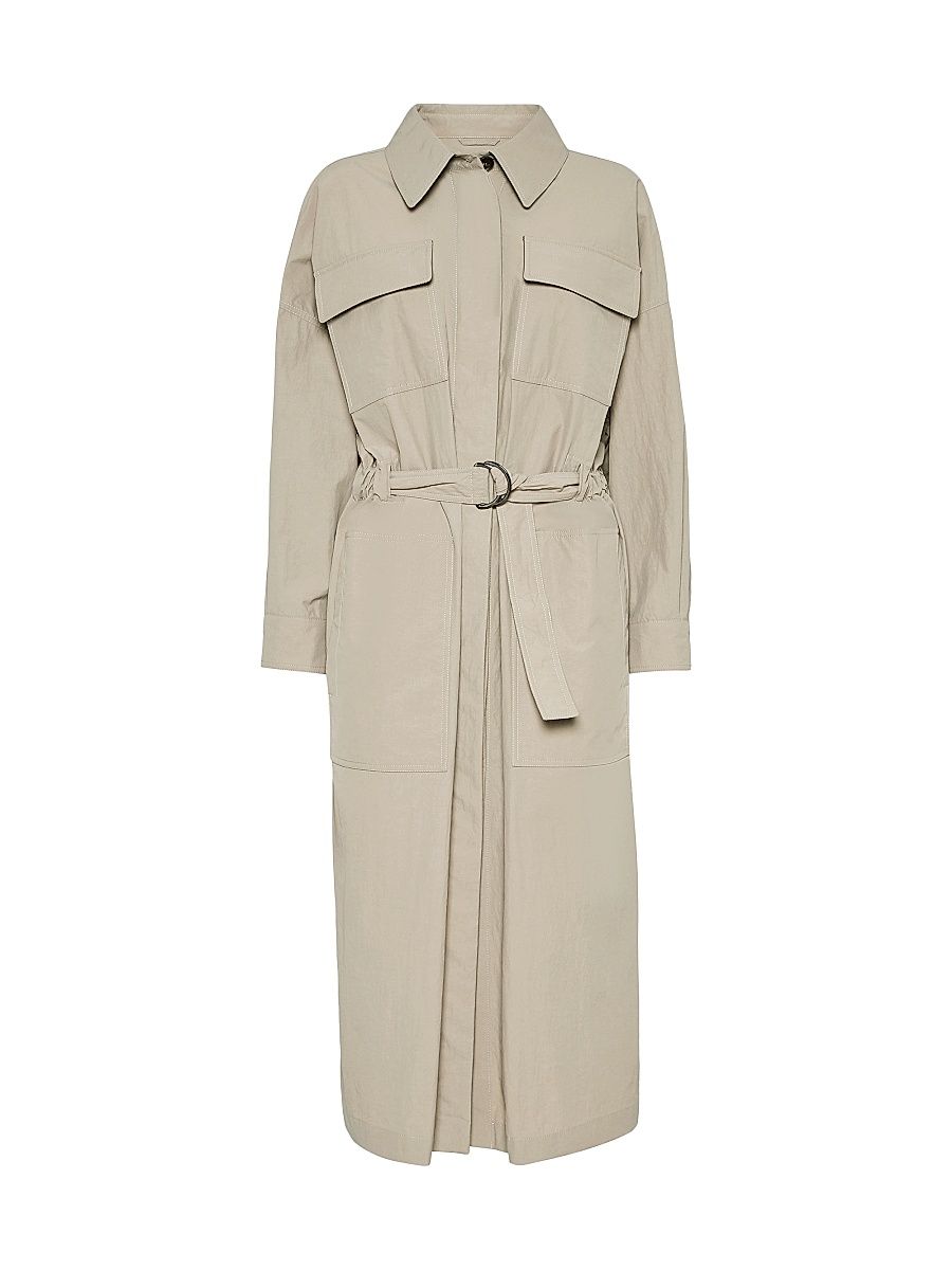 Women's Water Resistant Techno Cotton Trench with Shiny Detail - Beige - Size 2