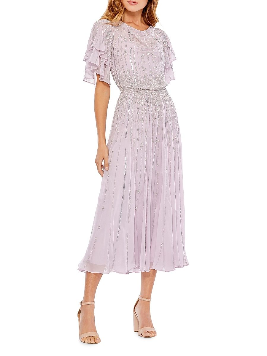 Women's High Neck Flutter-Sleeve Embellished Dress - Lilac - Size 14