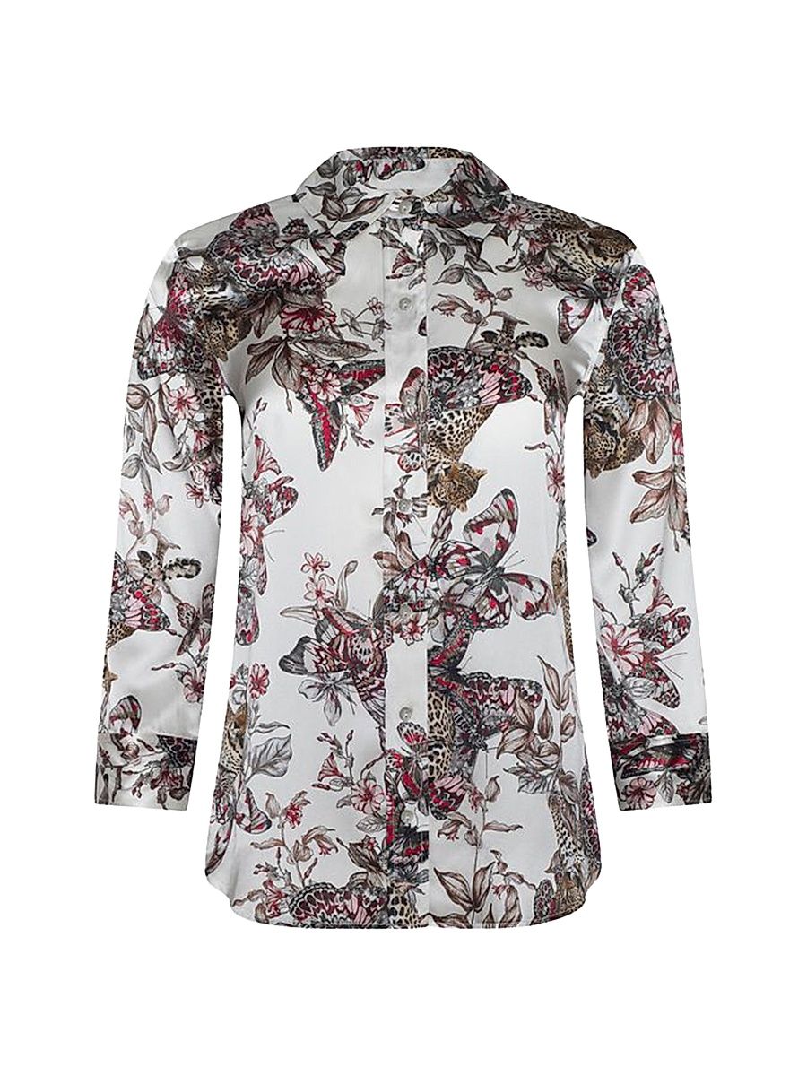 Women's Dani Butterfly Jungle Printed Silk Blouse - White Multi Butterfly Jungle - Size XL