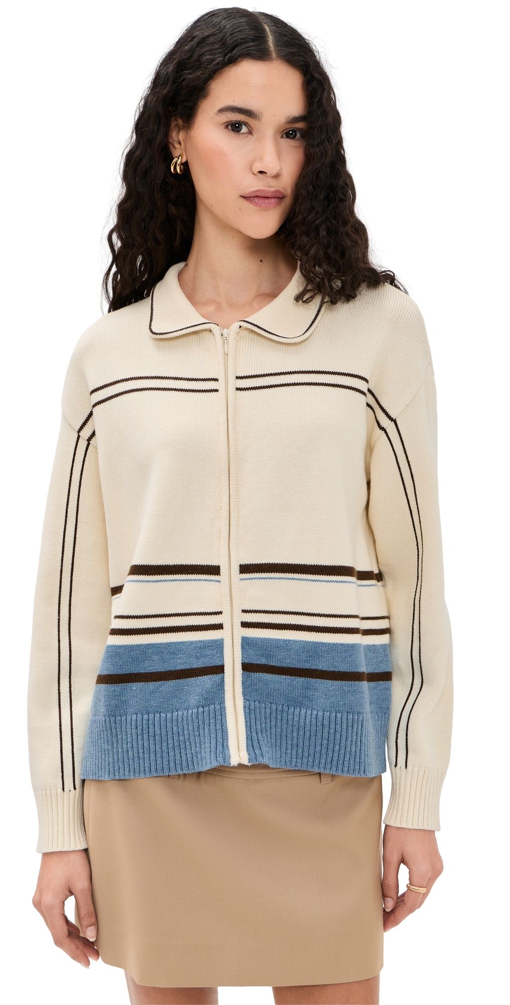 Yellow the Label Enzo Zip Up Cashmere Sweater Cream Stripe M