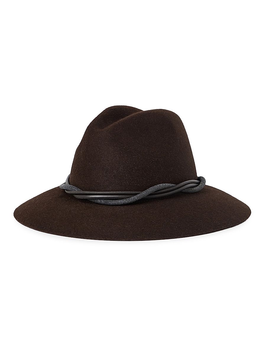 Women's Felt Fedora with Leather and Monili Band - Rust Brown - Size Medium