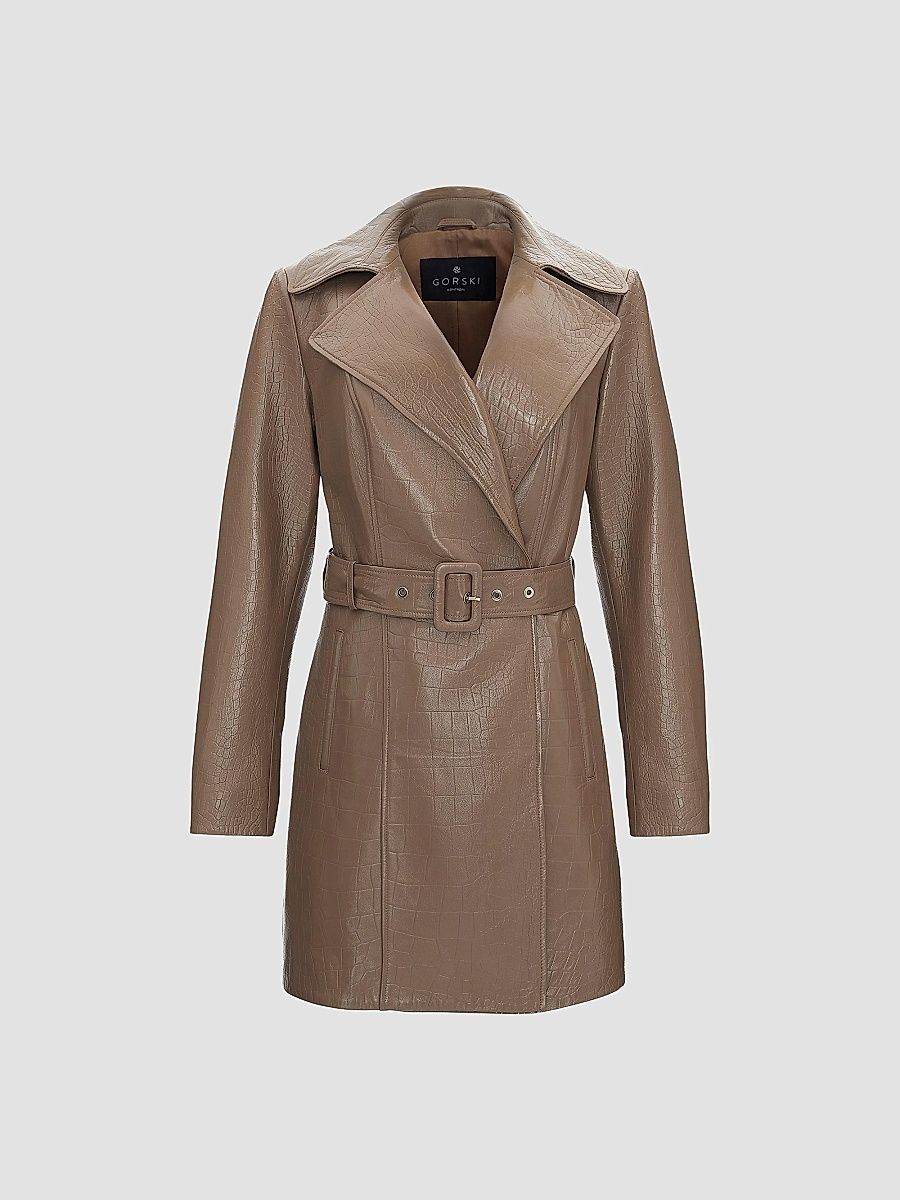 Gorski Women's Select Nappa Leather Croco Embossed Trench Coat, Belt - Camel - Size Large
