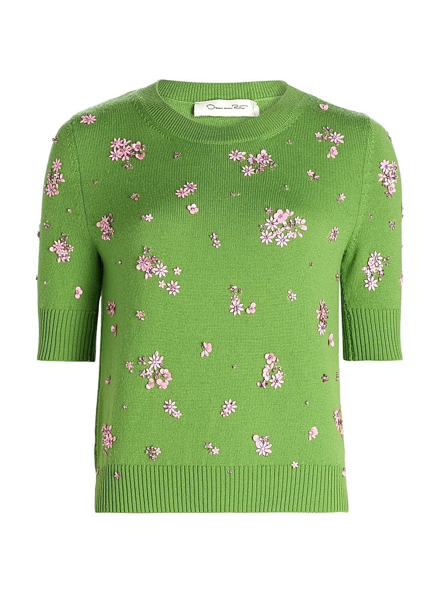 Women's Floral Cluster-Embroidered Wool Sweater - Green Pink - Size Large