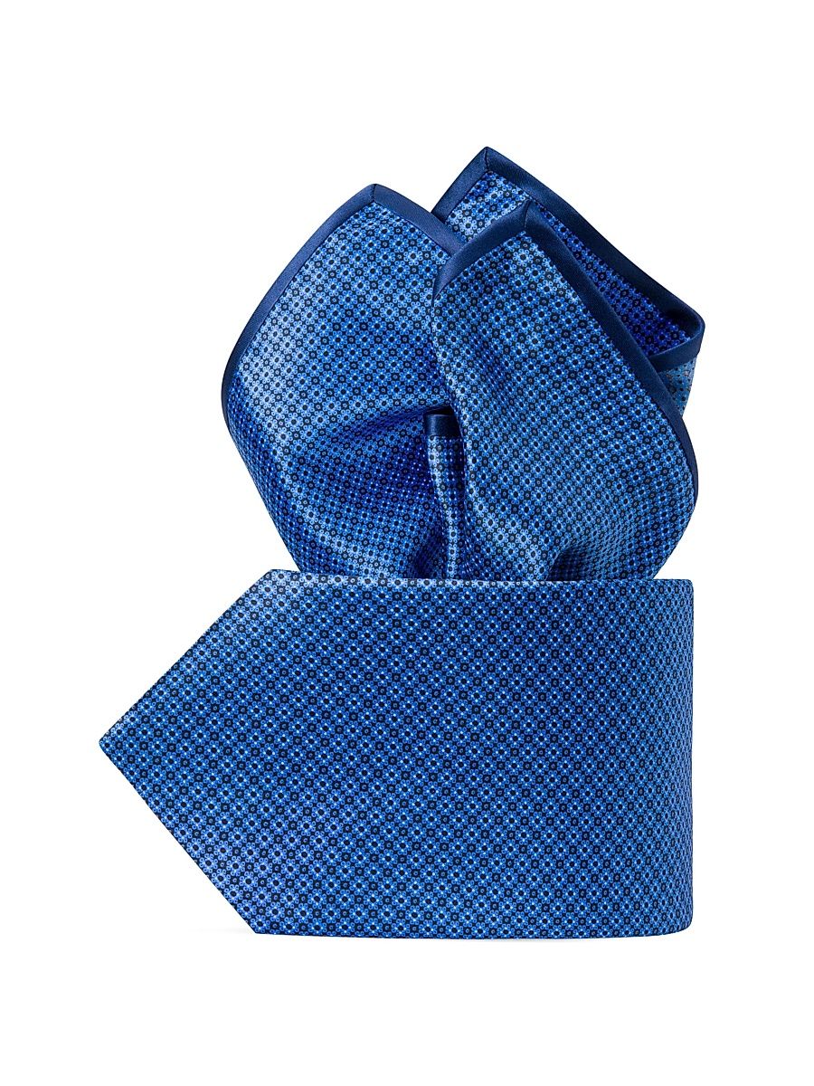 Men's Luxury Hand Printed Silk Tie Set - Blue