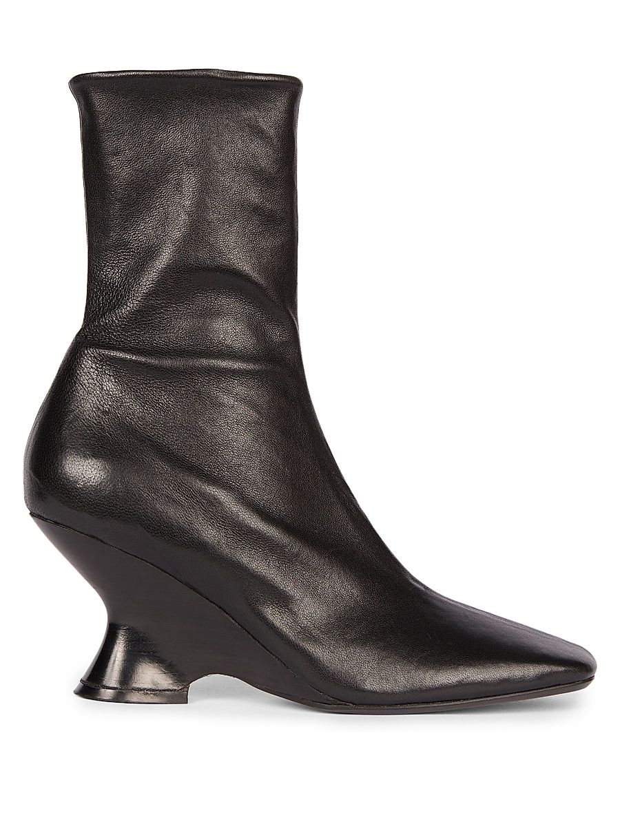 Women's Leather Wedge Booties - Black - Size 6