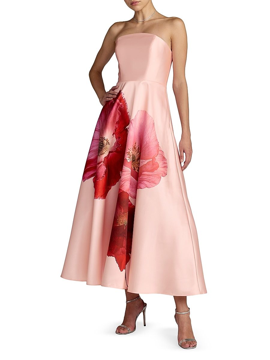 Women's Floral Mikado A-Line Strapless Cocktail Dress - Blush Multi - Size 14