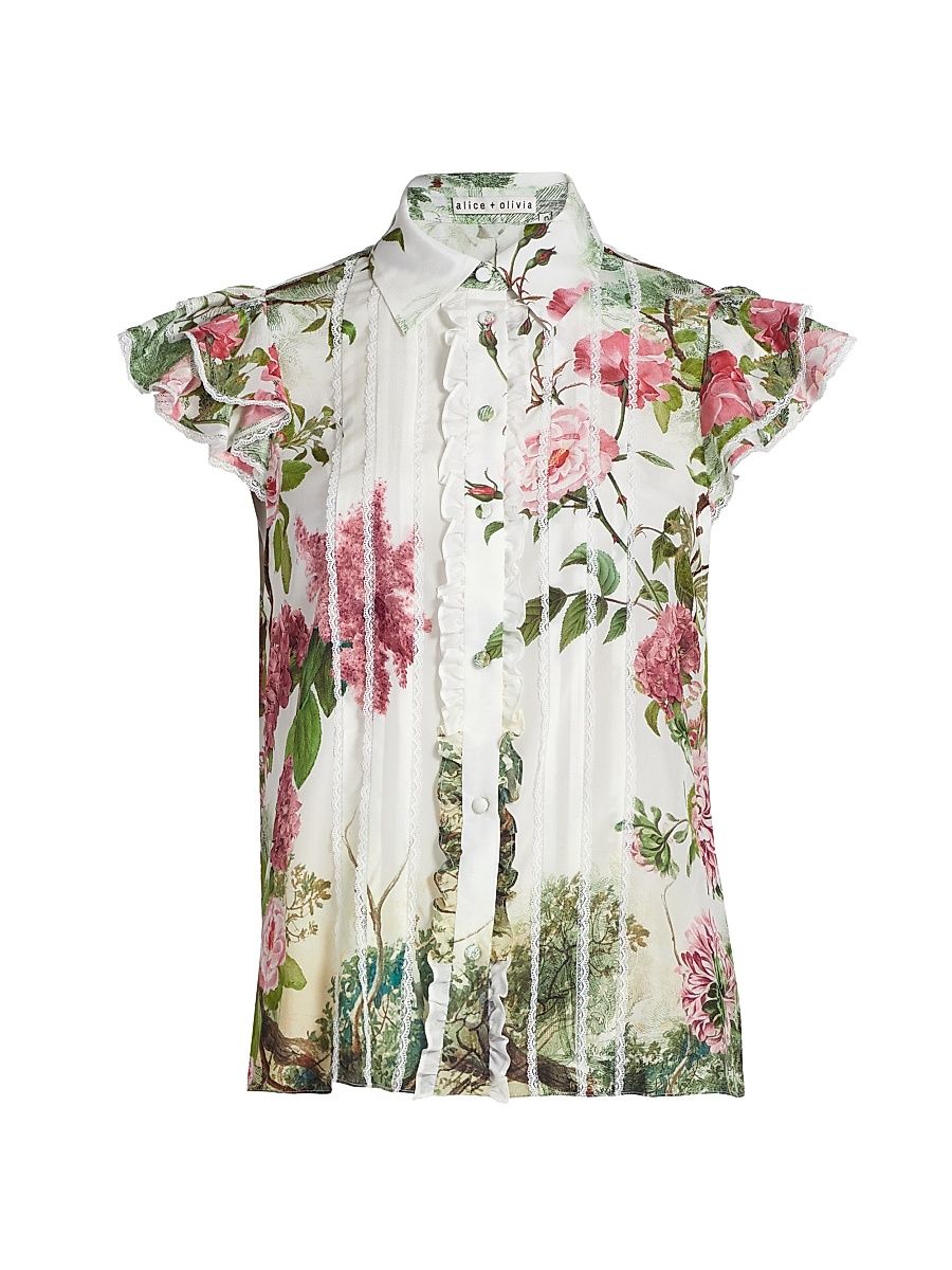 ALICE + OLIVIA Women's Minda Floral Silk & Lace Blouse - Rose Whisper - Size Medium
