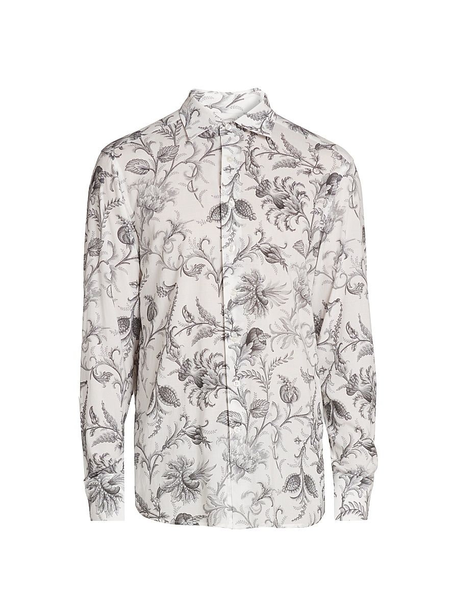 Men's Stretch Floral-Print Button-Front Shirt - Print On White Base - Size 18.5