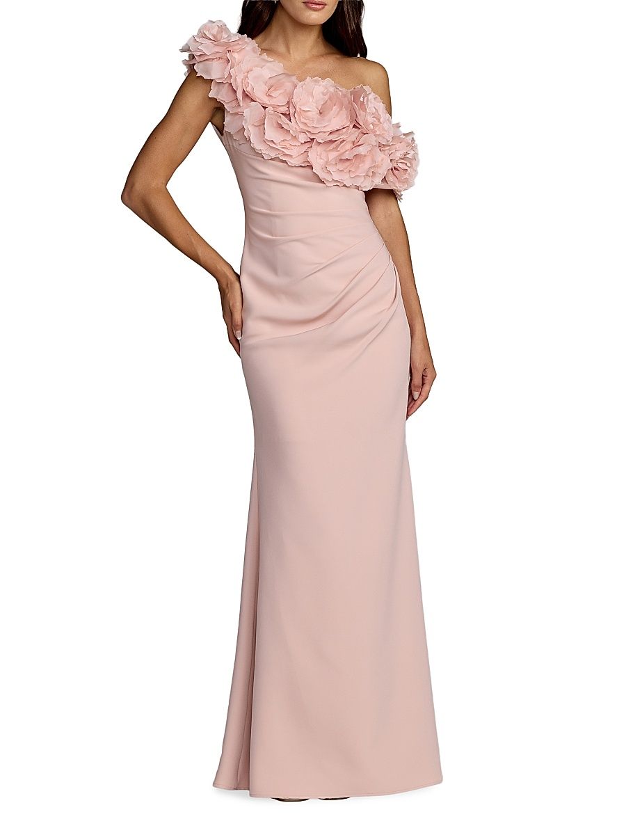 Women's 3D Floral Crepe One-Shoulder Gown - Blush - Size 10