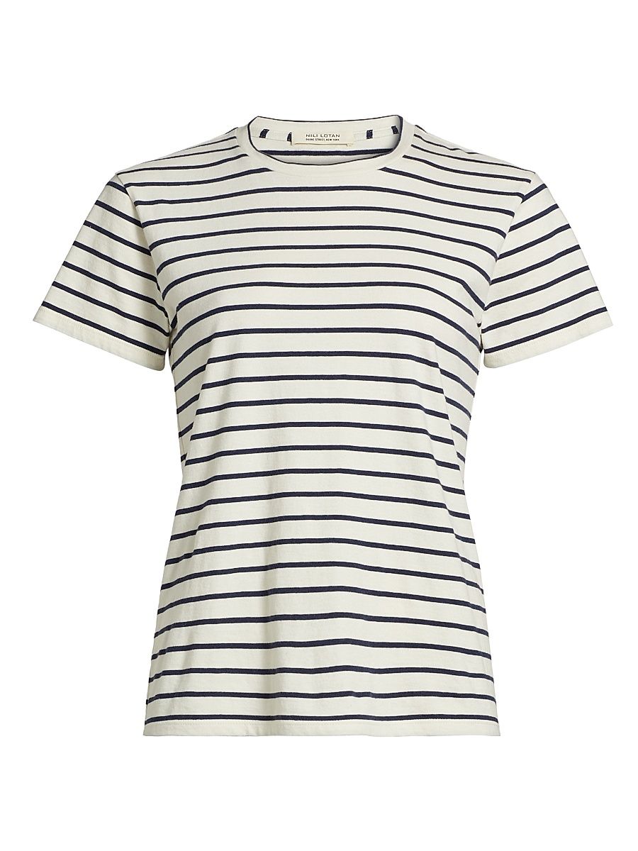 Women's Lana Striped Cotton Crewneck T-Shirt - Natural Navy Stripe - Size Large