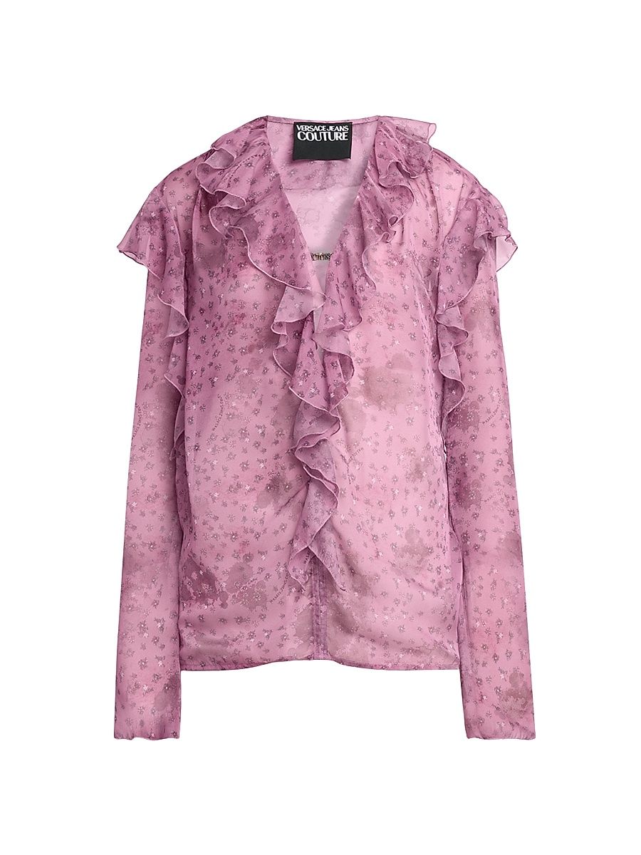 Women's Floral Chiffon Ruffle Shirt - Rosa - Size 6