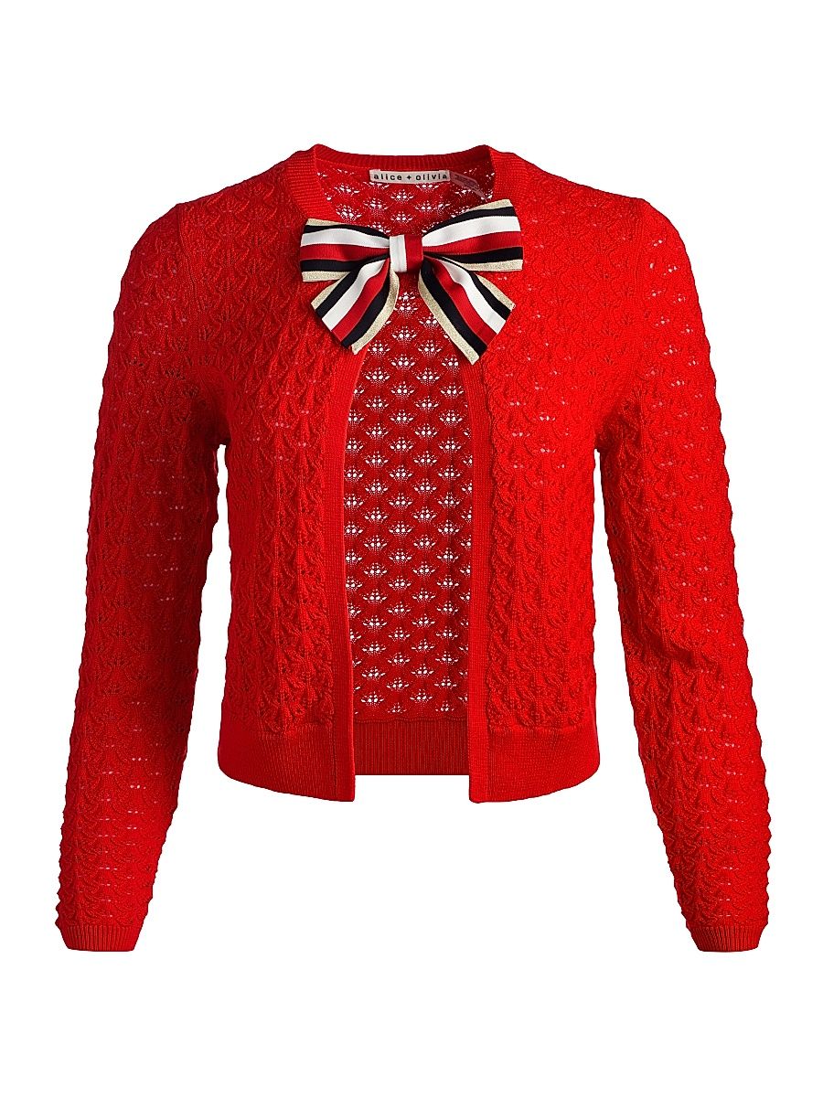 Women's Dollie Bow-Accented Open-Front Cardigan - Perfect Ruby - Size Medium