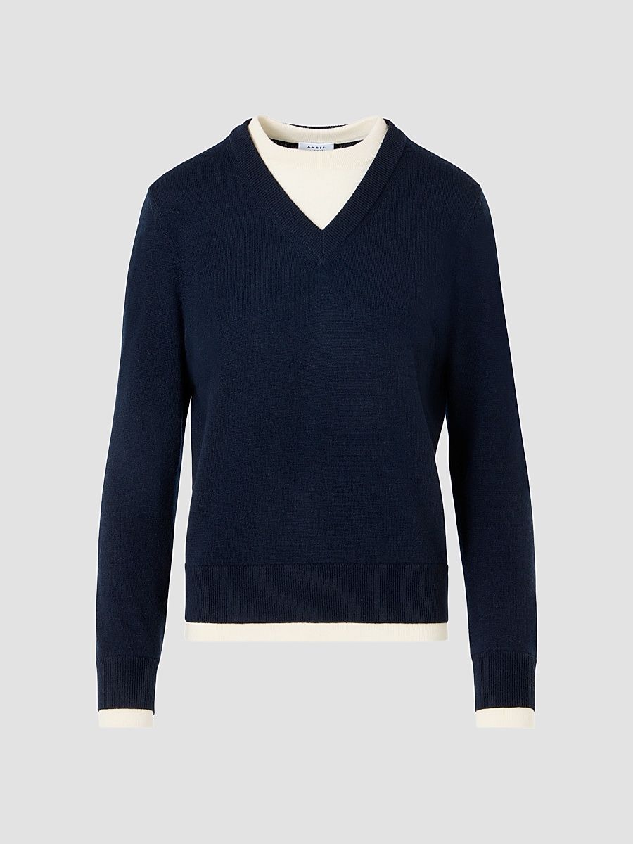 Women's Layered Wool-Cashmere Sweater - Navy Cream - Size 12