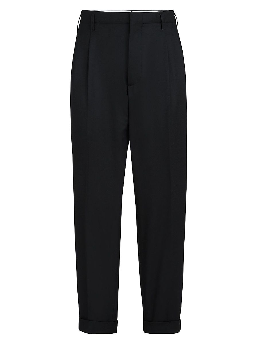 Men's Virgin Wool Flannel Trousers with Double Pleats - Black - Size 38