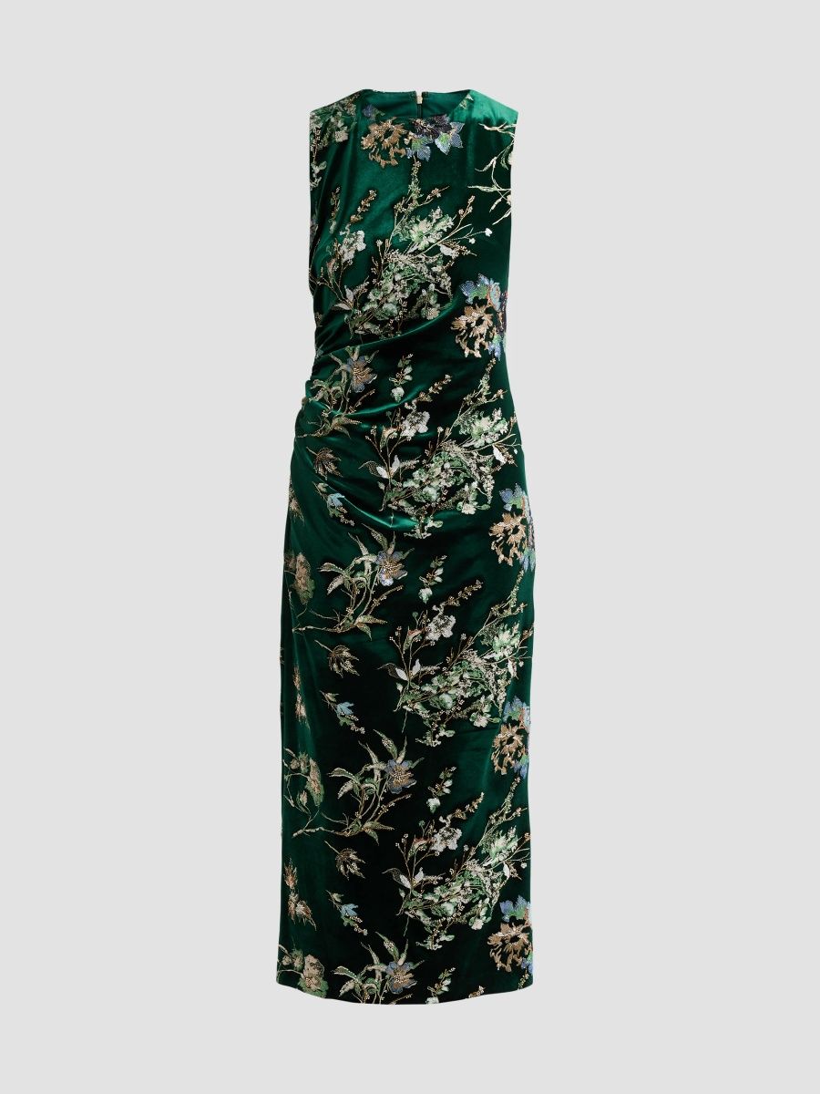 Elie Tahari Women's Fiora Embroidered Velvet Crewneck Midi Dress - Enchanted Emerald - Size 16
