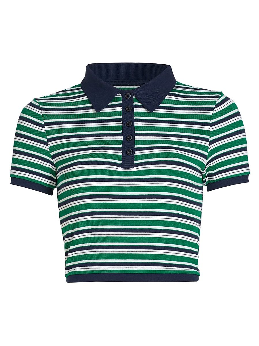 Women's Marnie Stripe Crop Knit Polo Top - Kelly Green Stripe - Size Large