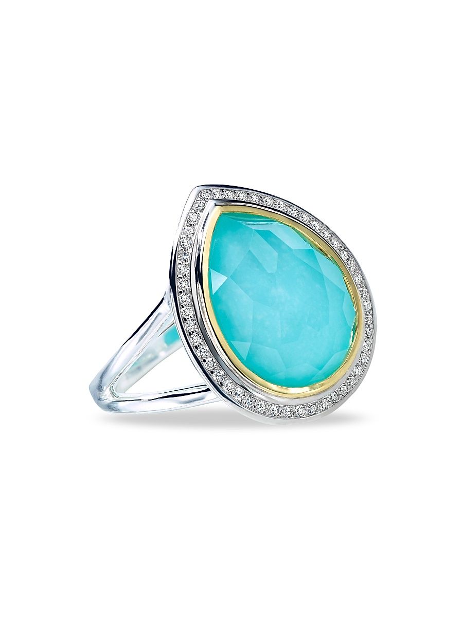 Women's 2T Rock Candy Teardrop 18K Gold, Sterling Silver, Turquoise & Diamond Ring - Silver - Size 7