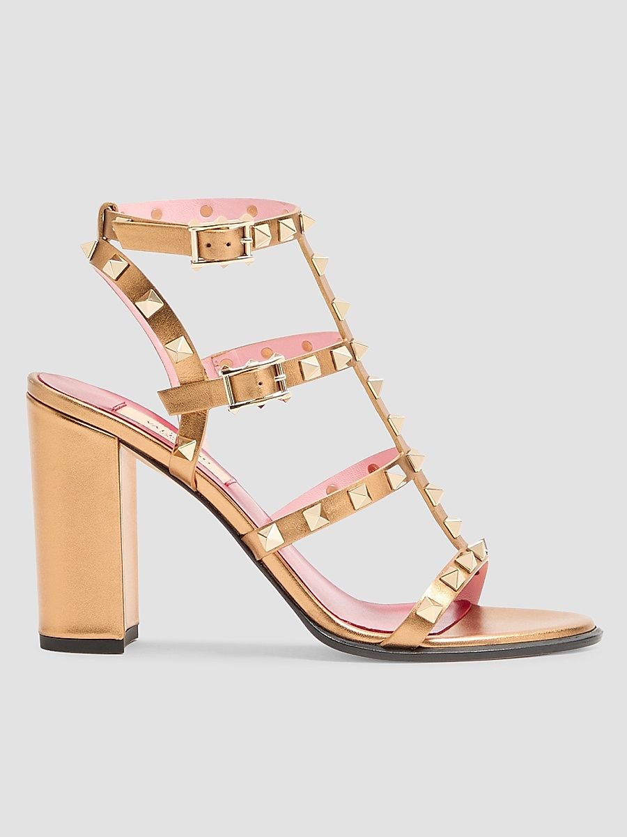 Women's Rockstud Laminated Calfskin 90MM Sandals with Straps - Gold - Size 10