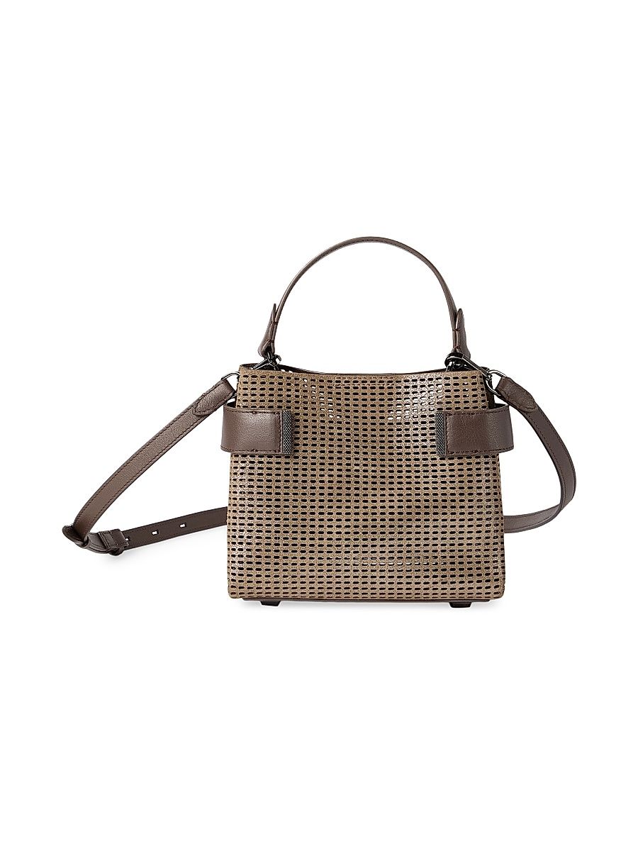 Women's Essence Small Top Handle Bag in Sparkling Leather Net with Monili - Brown