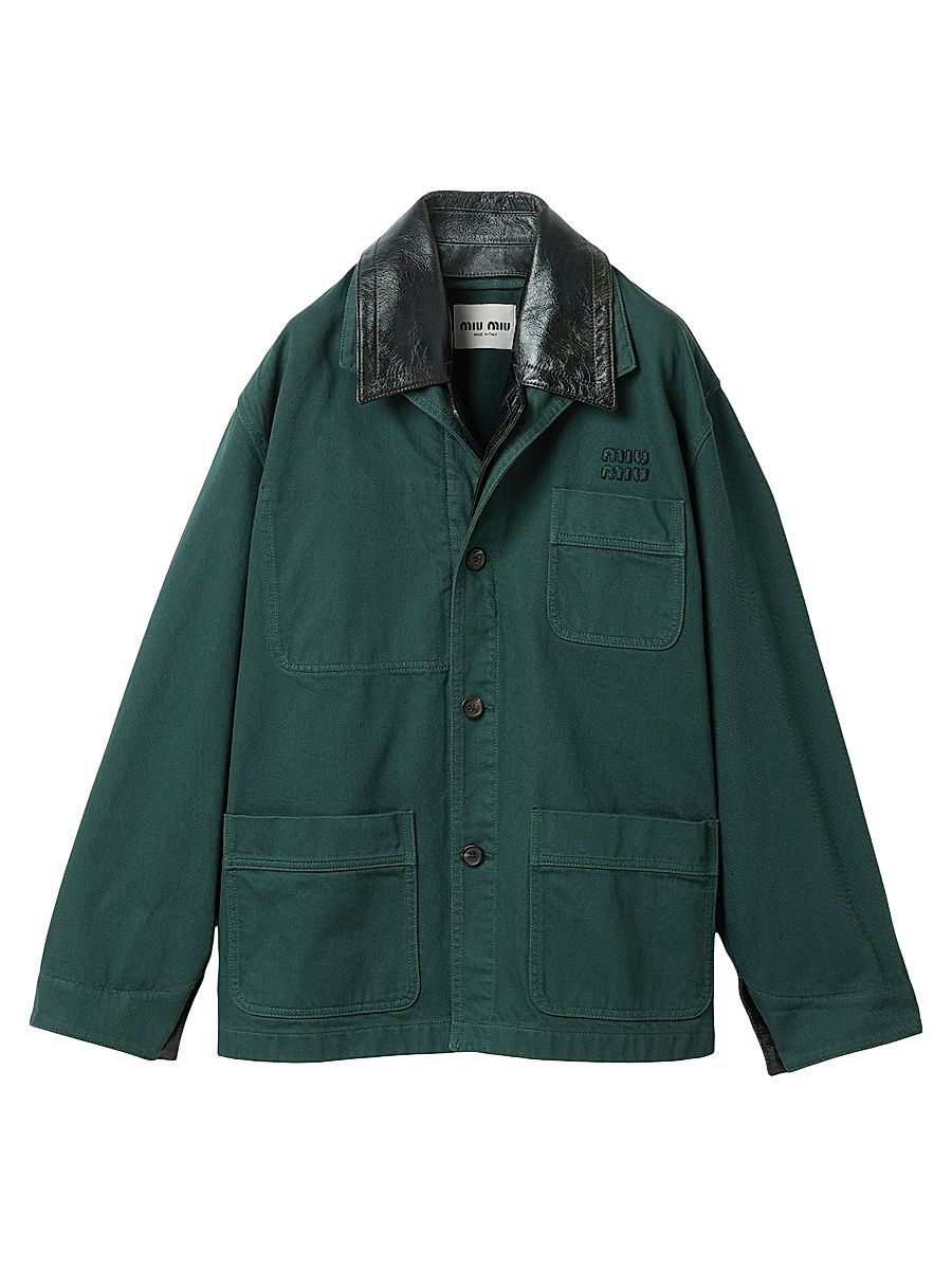 Women's Single-Breasted Garment-Dyed Gabardine and Leather Jacket - Green - Size 4