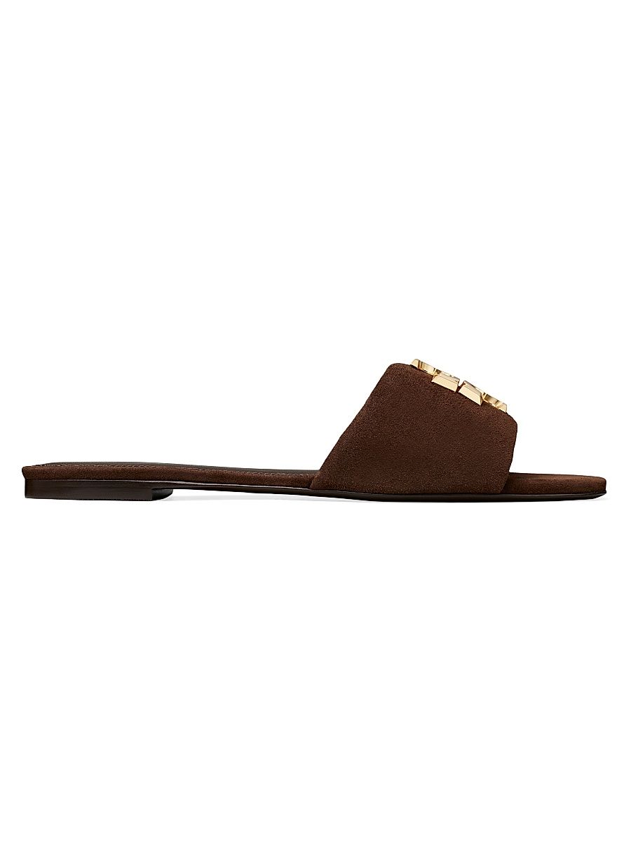 Women's Eleanor Double T Logo Leather Slide Sandals - Dark Cocoa Gold - Size 9.5