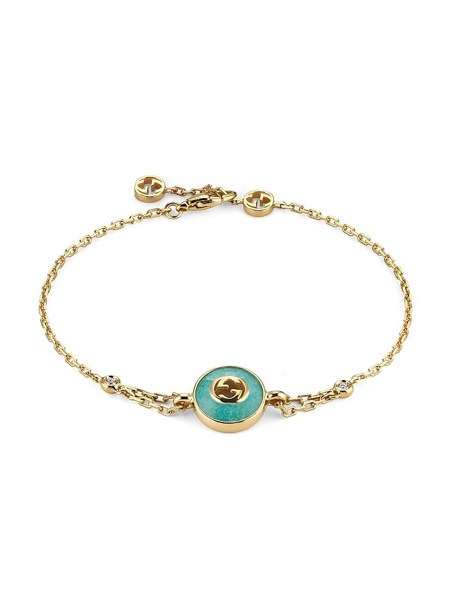 Women's 18K Yellow Gold, Amazonite & 0.05 TCW Diamond Logo Charm Bracelet - Green