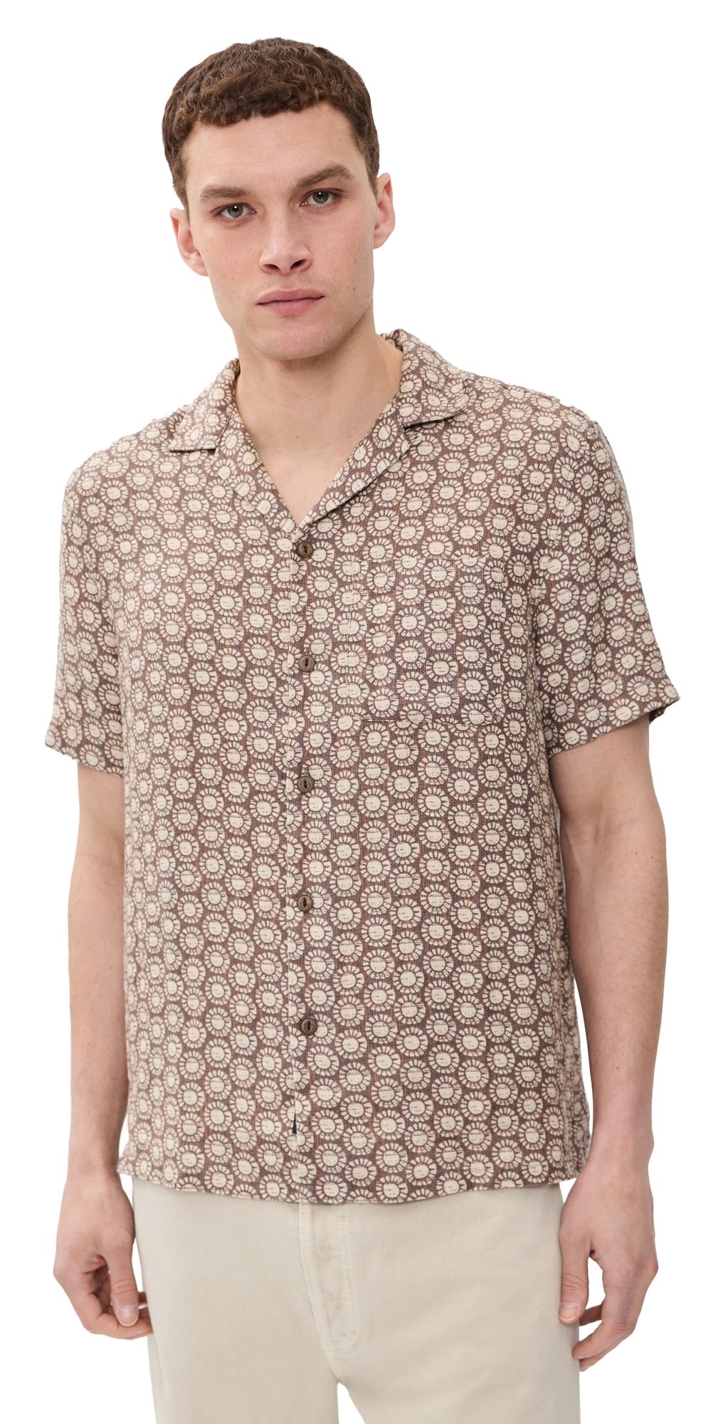 Faherty Short Sleeve Palma Linen Camp Shirt Shore Sun Woodblock S