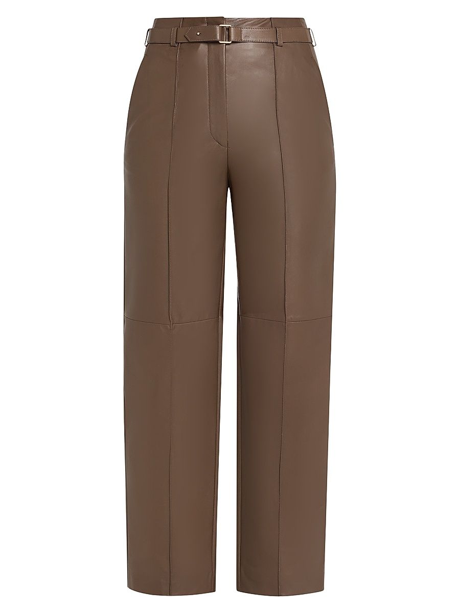 Women's Leather Straight-Leg Trousers - Solid Light Pastel Brown - Size 4