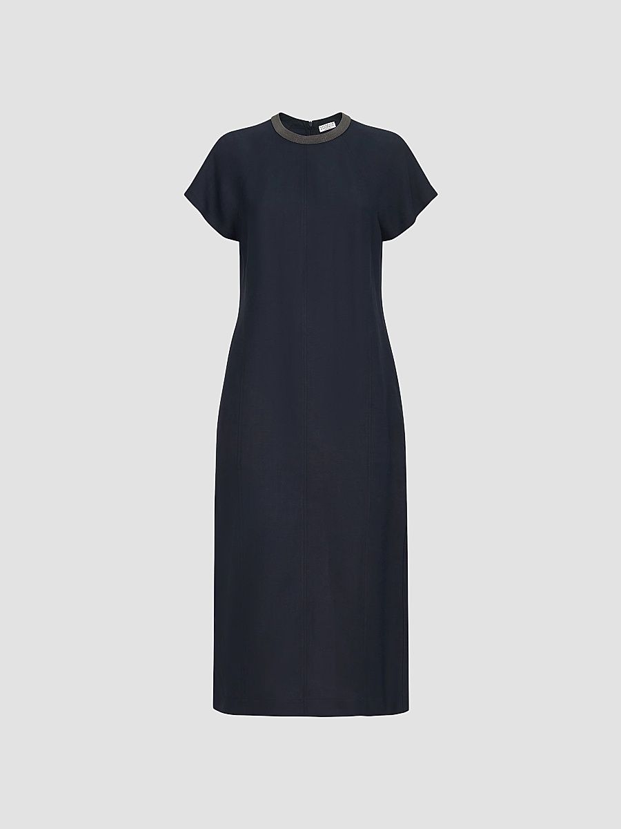 Women's Viscose and Linen Fluid Twill Dress with Precious Collar - Blue - Size XXS