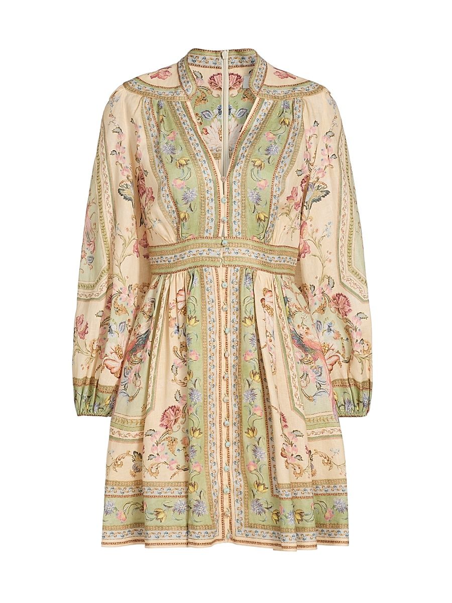 Women's Roselight Plunge Linen Minidress - Sage Tapestry Floral - Size 0