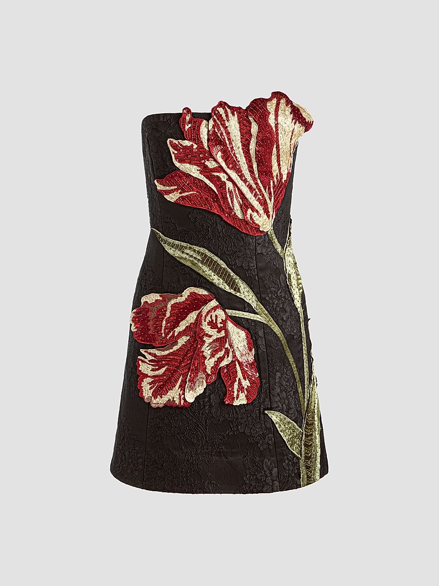 Women's Katia Strapless Floral Appliqué Mini Dress - Soft Tulip Black - Size 0