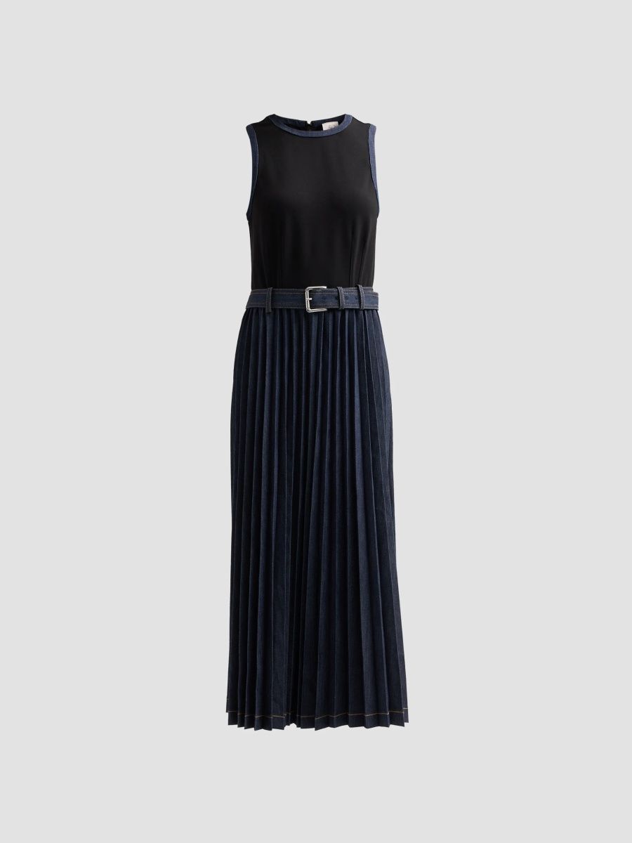 Women's Crosby Mixed-Media Belted Maxi Dress - Black Indigo - Size 14