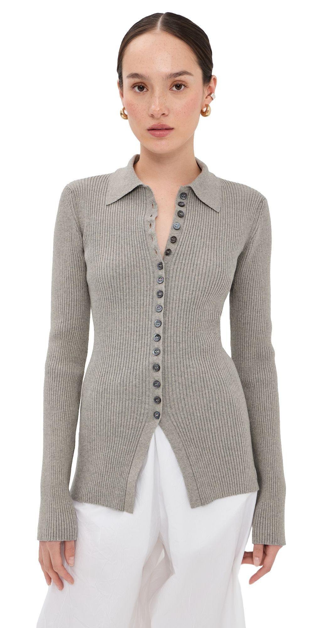 Róhe Elongated Ribbed Cardigan Light Grey Melange 40