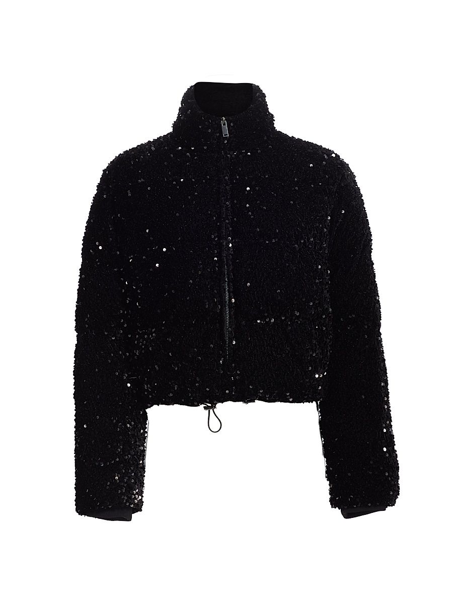 Women's Rhoda Sequined Crop Velvet Puffer Jacket - Black - Size Medium