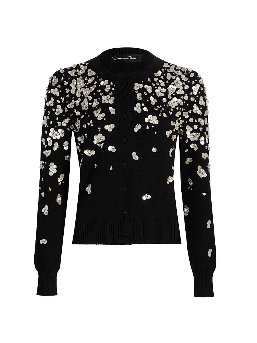 Women's Mother-of-Pearl Embroidered Wool Cardigan - Black - Size Large