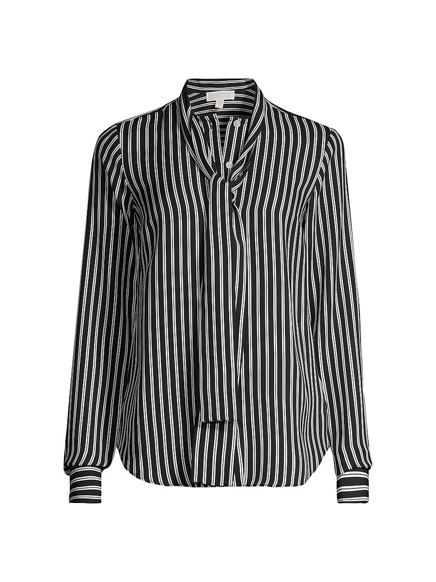 Women's Stripe Bow Silk-Blend Blouse - Black - Size XS