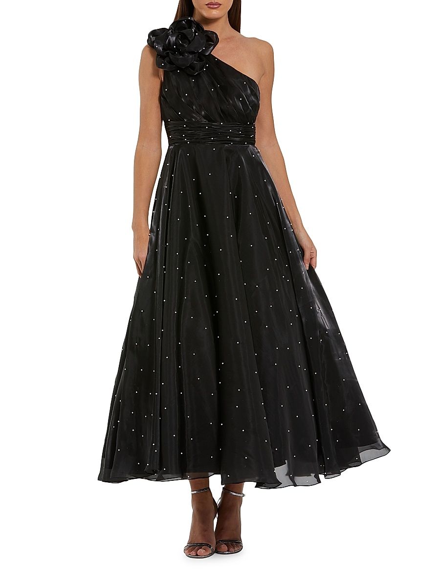 Women's Pearl Beaded Organza One-Shoulder Tea-Length Dress - Black Ivory - Size 16